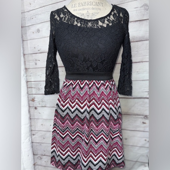 Speechless Black Lace Top with Pink Zigzag Skirt Dress - Picture 1 of 4